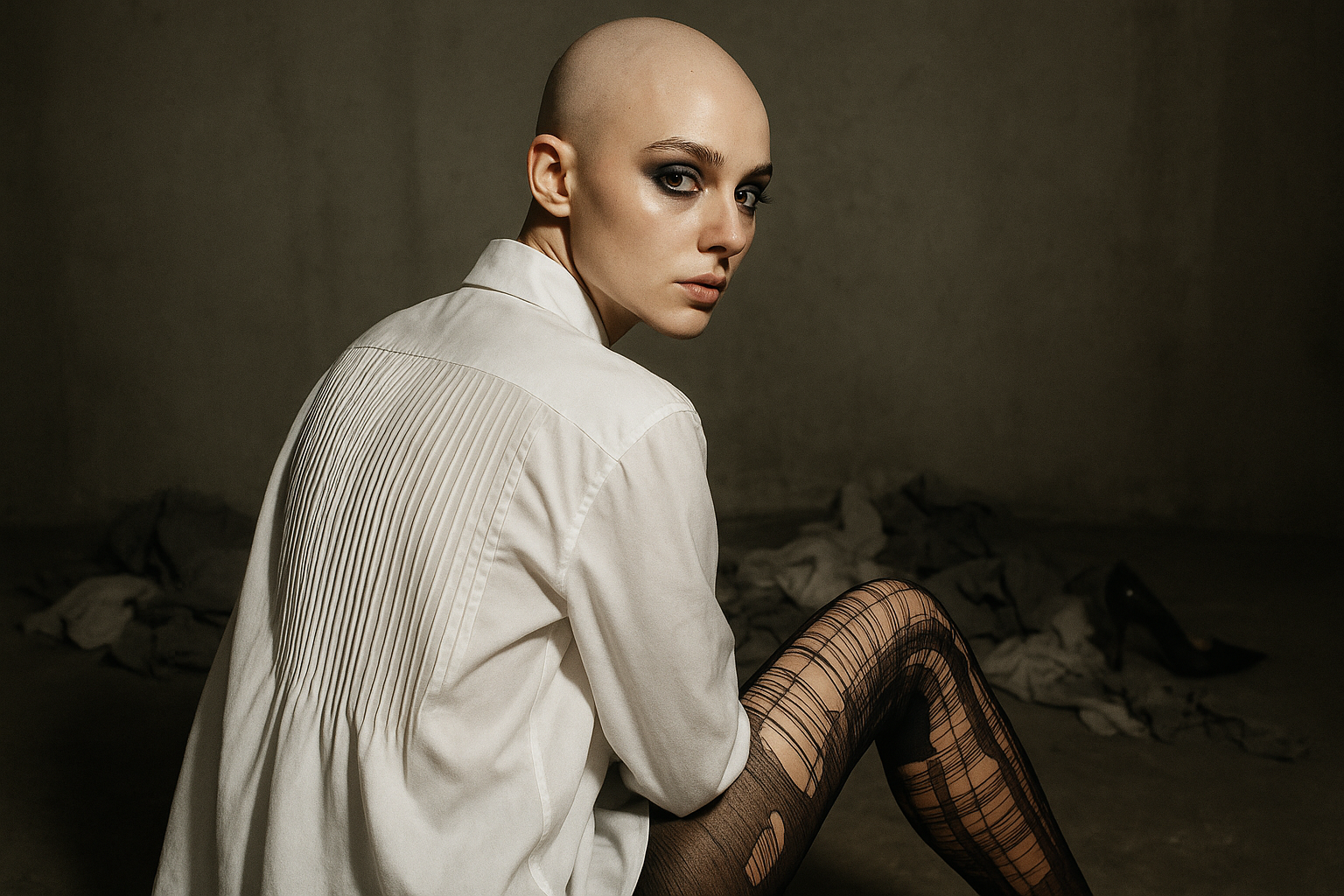 una modella calva molto bella e raffinata con una camicia bianca con schiena in plissè messa di tre quarti con delle calze collant molto smagliate in una gamba sola. la modella ha occhi grandi con trucco smookie eye un pò sciolto. lo sguardo è ironico e sicuro di sè. la schiena della camicia è in plissè molto fitto. sul fondo dei tessuti e delle scarpe a tacco alto da macero. la luce è molto cruda