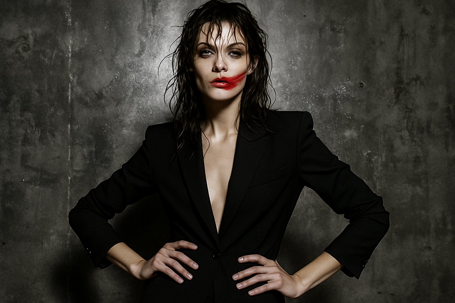 una modella spettinata con trucco perfetto tranne il rossetto che deve essere sbavato e tirato da un lato. la modella ha i capelli sciolti e effetto wet. è in piedi con una posa da shooting molto decisa son fondo una parete di cemento grezzo semi usurata e lucida